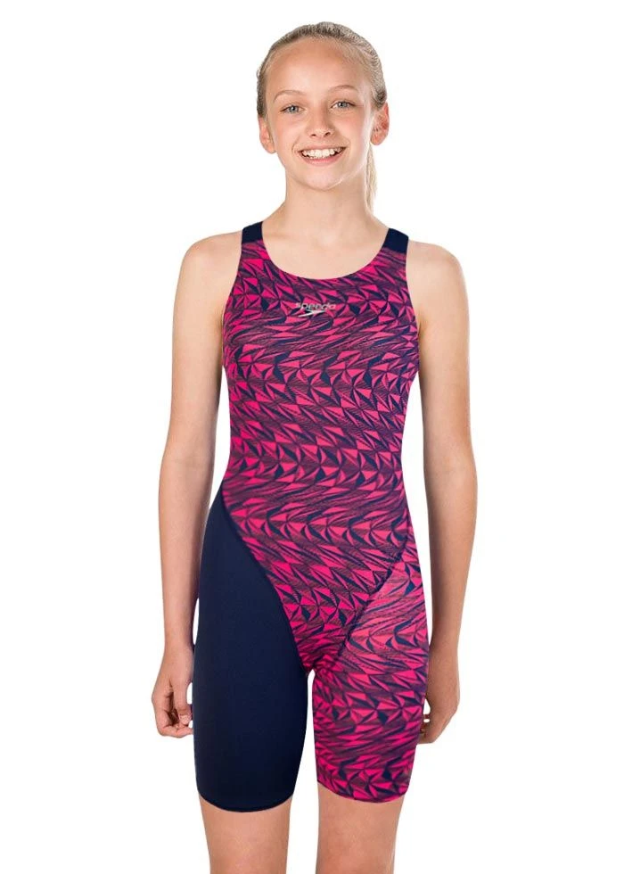 Speedo Junior Girl's Fastskin Endurance+ Openback Kneeskin - Navy / Refracwave 3 Speedo Junior Girl's Fastskin Endurance+ Openback Kneeskin - Navy / Refracwave