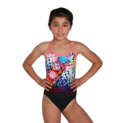 Speedo Girl's Polka Melt Placement Vback Swimsuit - Black/ Red/ Ultraviolet/ Adriatic/ Yellow