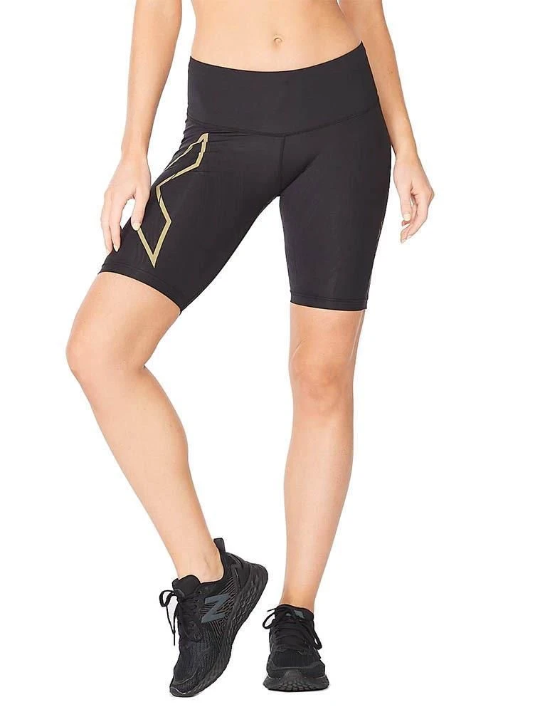 2XU Women's Light Speed Mid-Rise Compression Shorts - Black / Gold Reflective 3 2XU Women's Light Speed Mid-Rise Compression Shorts - Black / Gold Reflective