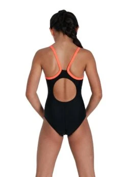 Speedo Girl's Boom Logo Thinstrap Muscleback Swimsuit - Black/ Siren Red/ Papaya Punch